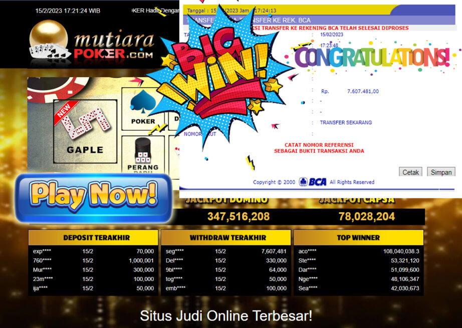 Bukti Withdraw (7.607.481- ) Member Setia Mutiarapoker