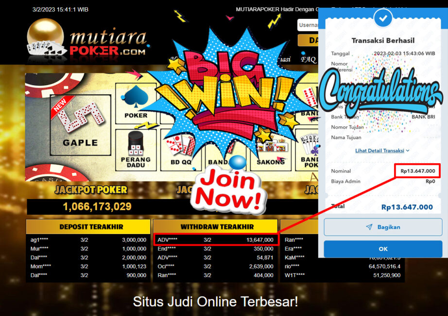 Bukti Withdraw (13.647.000- ) Member Setia Mutiarapoker