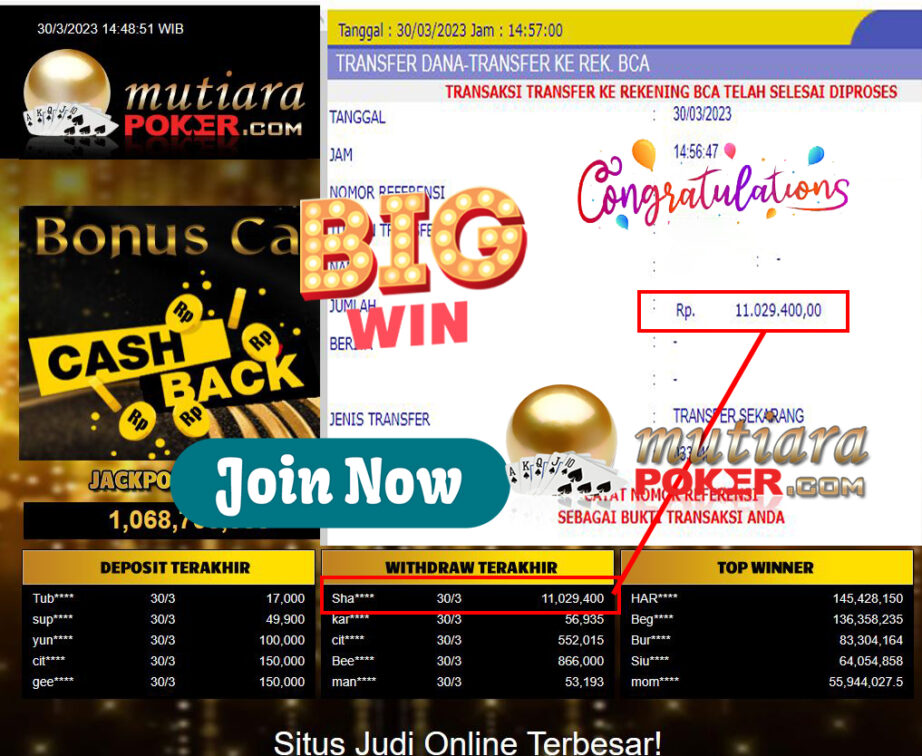 Bukti Withdraw (11,029,400- ) Member Setia Mutiarapoker