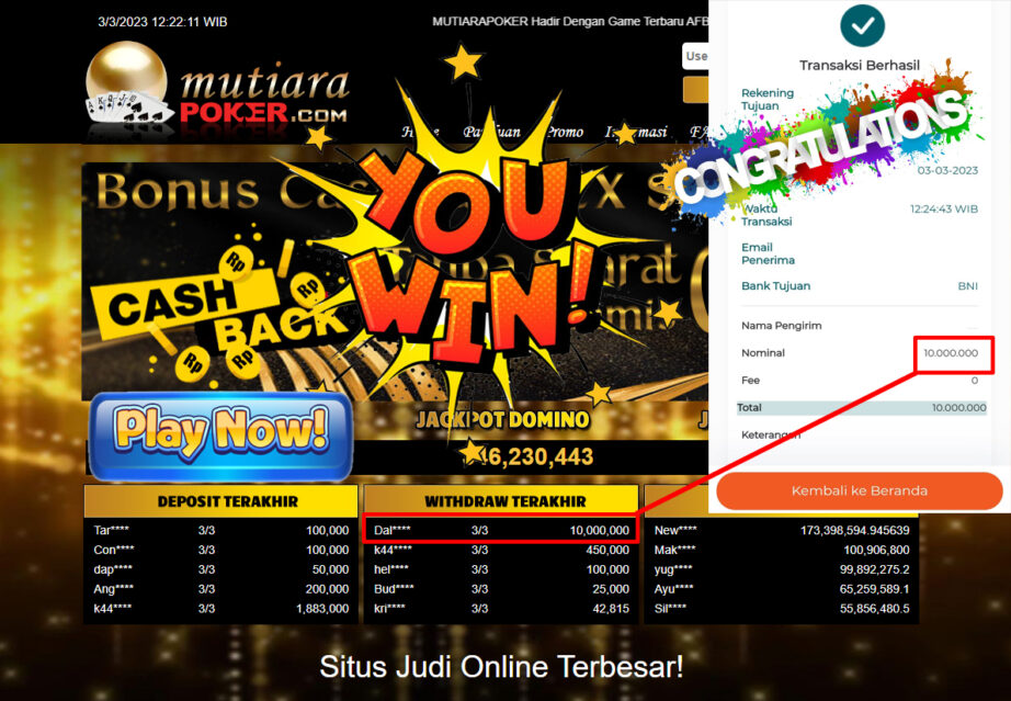 Bukti Withdraw (10,000,000- ) Member Setia Mutiarapoker