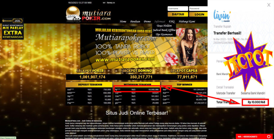 Bukti Withdraw (10,000,968- ) Member Setia Mutiarapoker