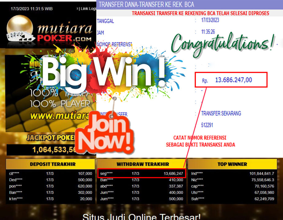 Bukti Withdraw (13,686.247- ) Member Setia Mutiarapoker