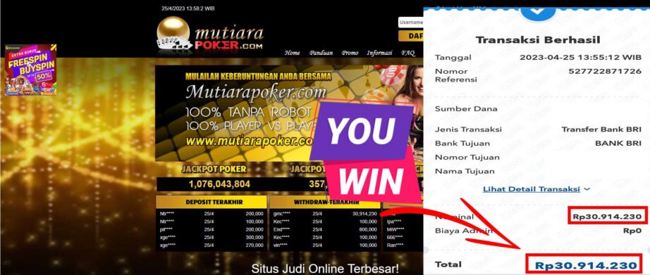 Bukti Withdraw (30,914,230- ) Member Setia Mutiarapoker