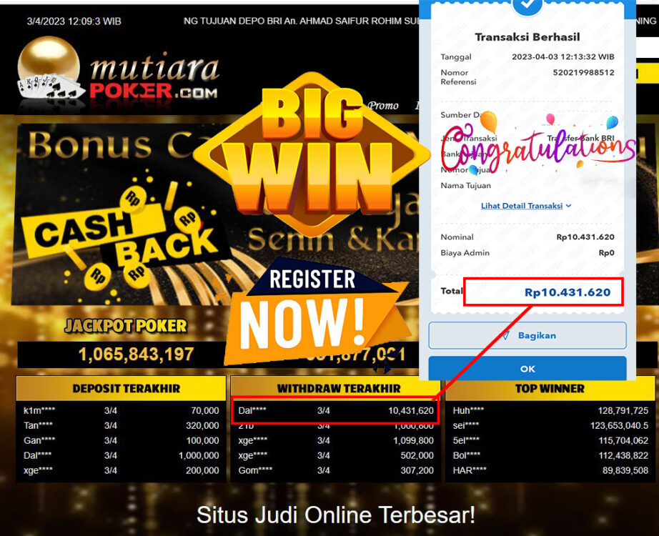 Bukti Withdraw (10,431,620- ) Member Setia Mutiarapoker