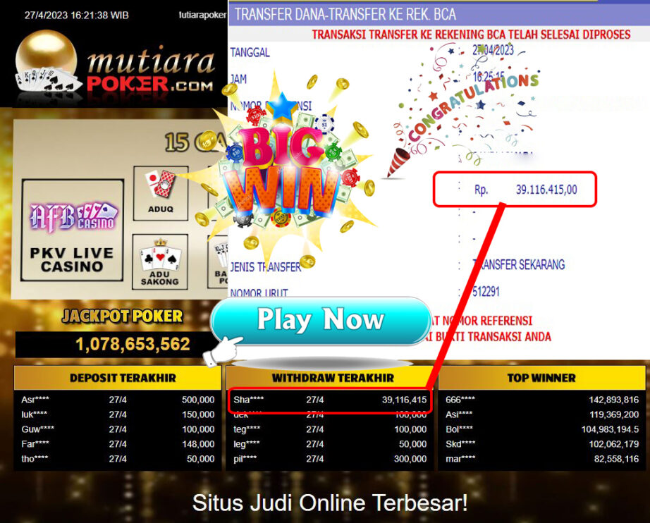 Bukti Withdraw (39,116,415- ) Member Setia Mutiarapoker