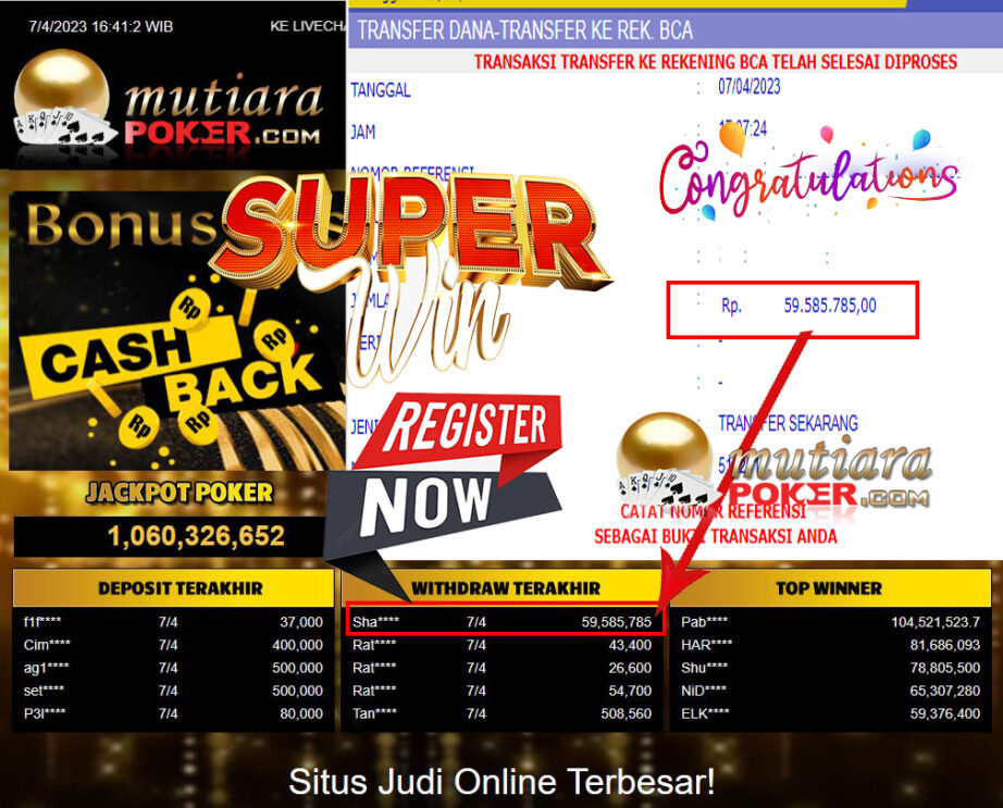 Bukti Withdraw (59,585,785- ) Member Setia Mutiarapoker