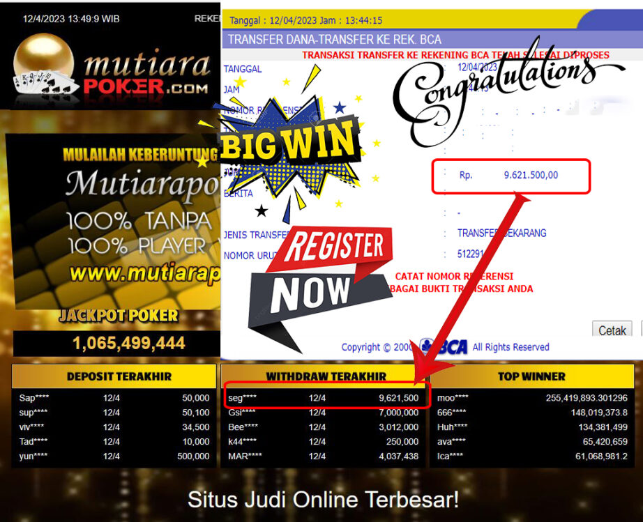 Bukti Withdraw (9,621,500- ) Member Setia Mutiarapoker