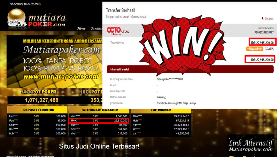 Bukti Withdraw (22.915.200 ) Member Setia Mutiarapoker