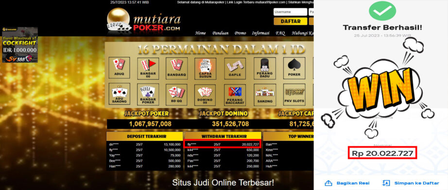 Bukti Withdraw (20.022.727,-) Member Setia Mutiarapoker