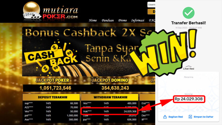 Bukti Withdraw (24.029.308-) Member Setia Mutiarapoker