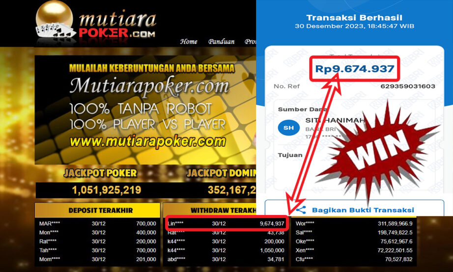 Bukti Withdraw ( 9.674.937,-) Member Setia Mutiarapoker