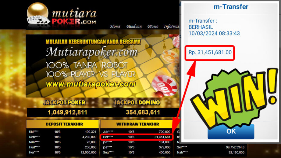 Bukti Withdraw ( 31.451.681,-) Member Setia Mutiarapoker