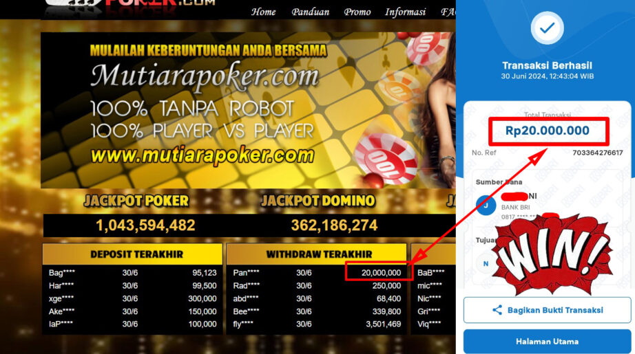 Bukti Withdraw ( 20,000,000,-) Member Setia Mutiarapoker