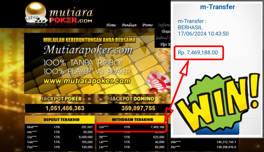 Bukti Withdraw ( 7.469.188,-) Member Setia Mutiarapoker