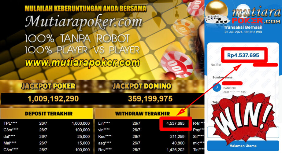 Bukti Withdraw ( 4,537,695,-) Member Setia Mutiarapoker