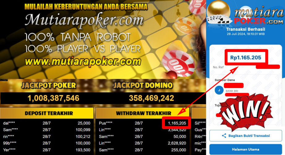 Bukti Withdraw ( 1,165,205,-) Member Setia Mutiarapoker