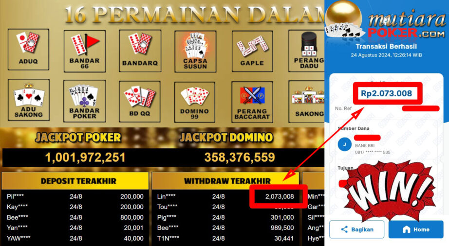 Bukti Withdraw ( 2.073.008,-) Member Setia Mutiarapoker