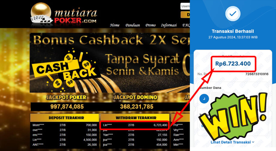 Bukti Withdraw ( 6,723,400,-) Member Setia Mutiarapoker