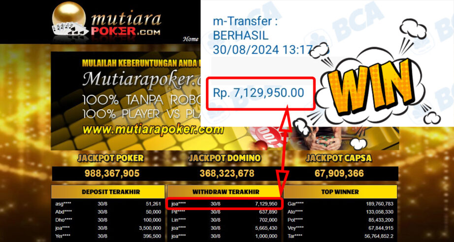 Bukti Withdraw ( 7,129,950,-) Member Setia Mutiarapoker