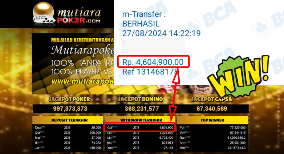 Bukti Withdraw ( 4,604,900,-) Member Setia Mutiarapoker