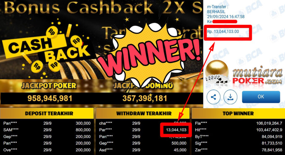 Bukti Withdraw ( 13.044.103,-) Member Setia Mutiarapoker