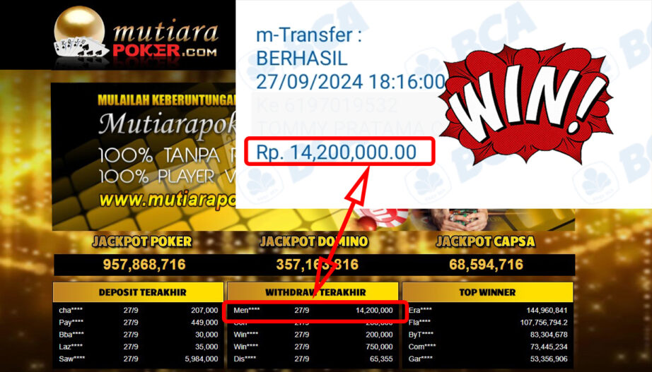 Bukti Withdraw ( 14,200,000,-) Member Setia Mutiarapoker