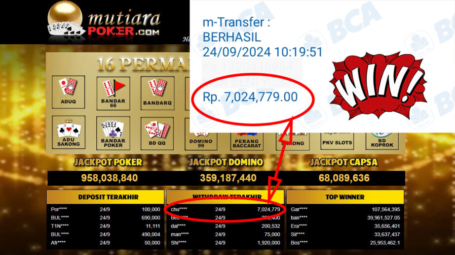 Bukti Withdraw ( 7,024,779,-) Member Setia Mutiarapoker