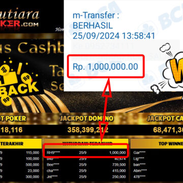 Bukti Withdraw ( 1,000,000,-) Member Setia Mutiarapoker