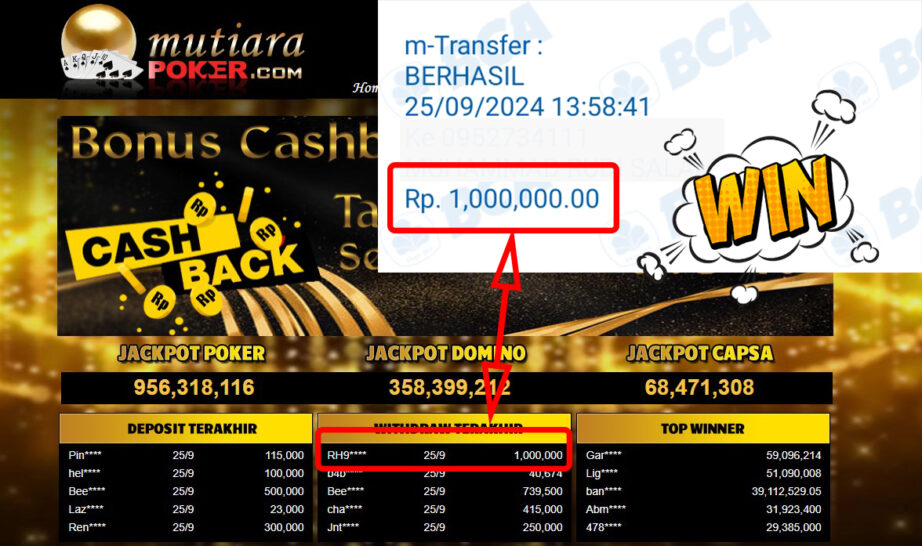 Bukti Withdraw ( 1,000,000,-) Member Setia Mutiarapoker