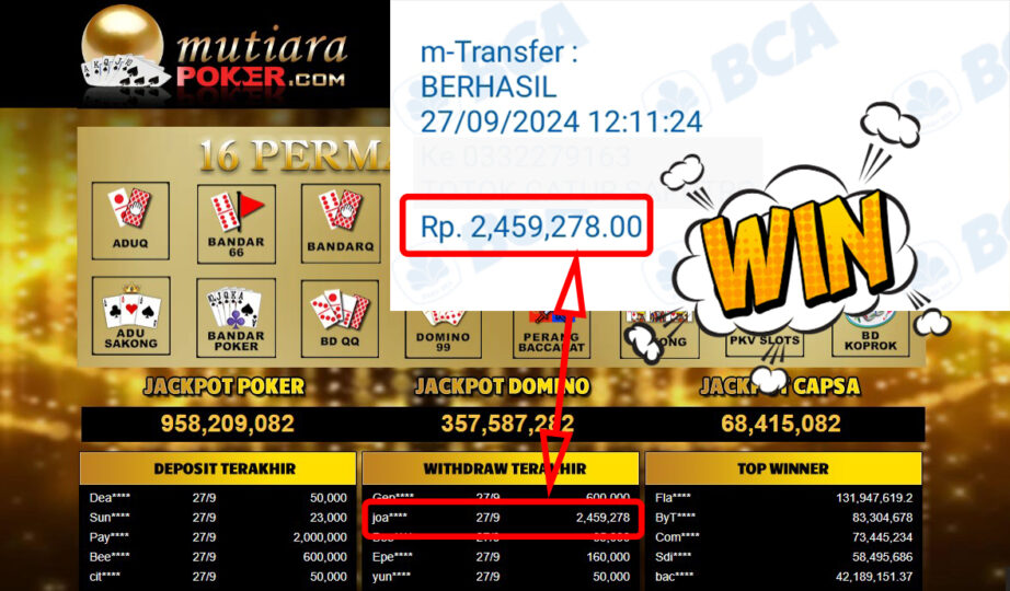 Bukti Withdraw ( 2,459,278,-) Member Setia Mutiarapoker