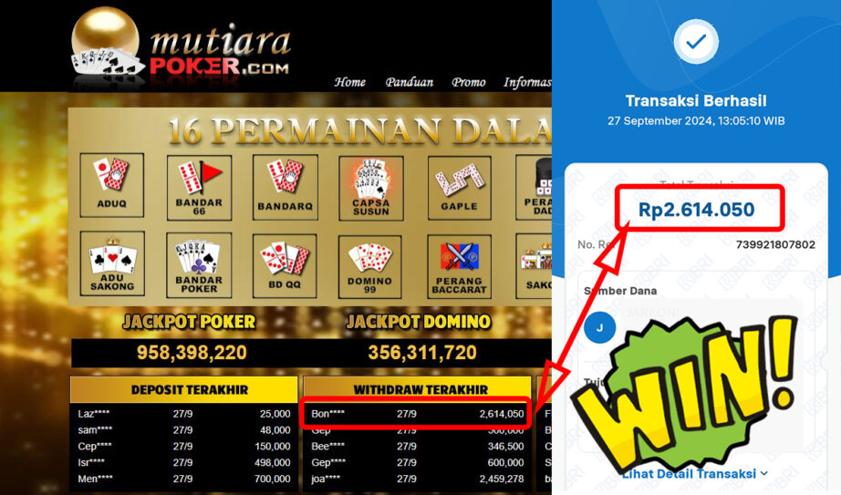 Bukti Withdraw ( 2,614,050,-) Member Setia Mutiarapoker