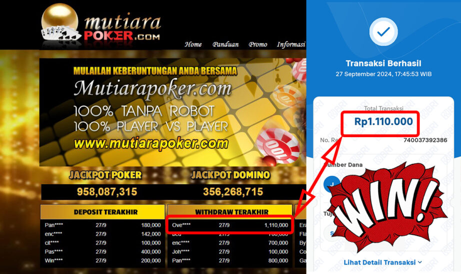 Bukti Withdraw ( 1,110,000,-) Member Setia Mutiarapoker