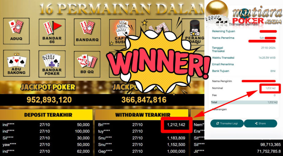 Bukti Withdraw ( 1.212.142,-) Member Setia Mutiarapoker