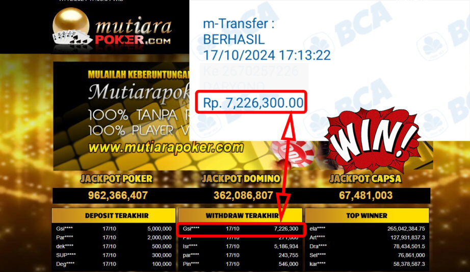 Bukti Withdraw ( 7,226,300,-) Member Setia Mutiarapoker