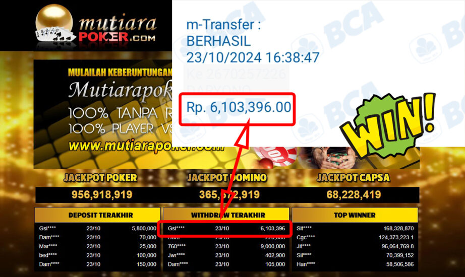 Bukti Withdraw ( 6,103,396,-) Member Setia Mutiarapoker