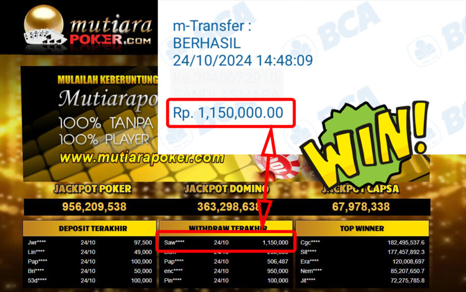 Bukti Withdraw ( 1,150,000,-) Member Setia Mutiarapoker