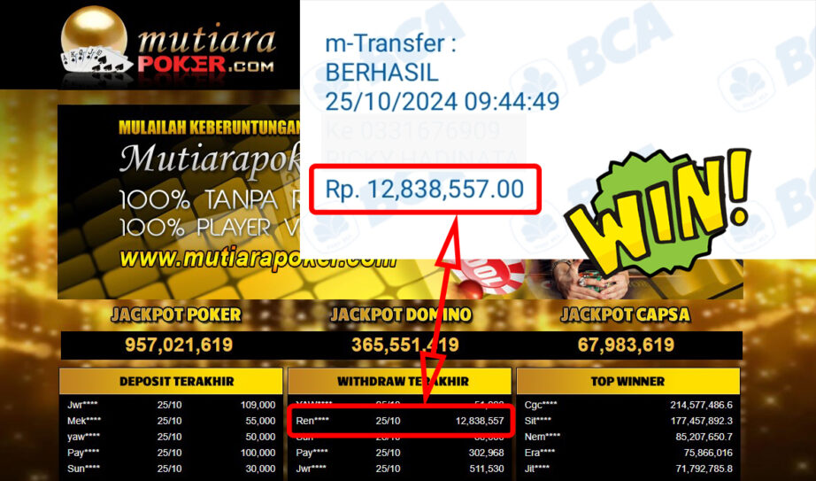 Bukti Withdraw ( 12,838,557,-) Member Setia Mutiarapoker