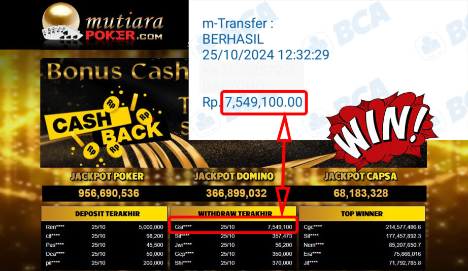 Bukti Withdraw ( 7,549,100,-) Member Setia Mutiarapoker