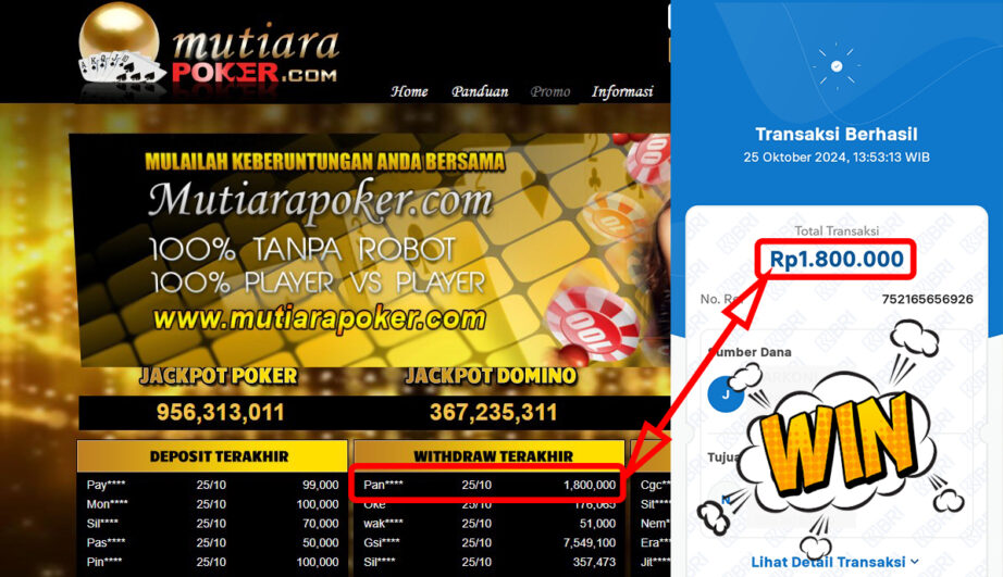 Bukti Withdraw ( 1,800,000,-) Member Setia Mutiarapoker