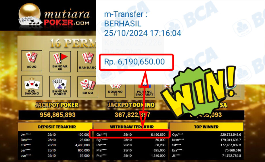 Bukti Withdraw ( 6,190,650,-) Member Setia Mutiarapoker