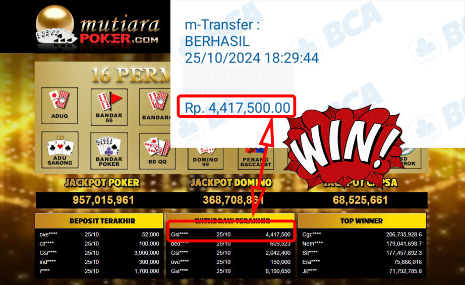 Bukti Withdraw ( 4,417,500,-) Member Setia Mutiarapoker