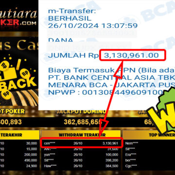 Bukti Withdraw ( 3,130,961,-) Member Setia Mutiarapoker