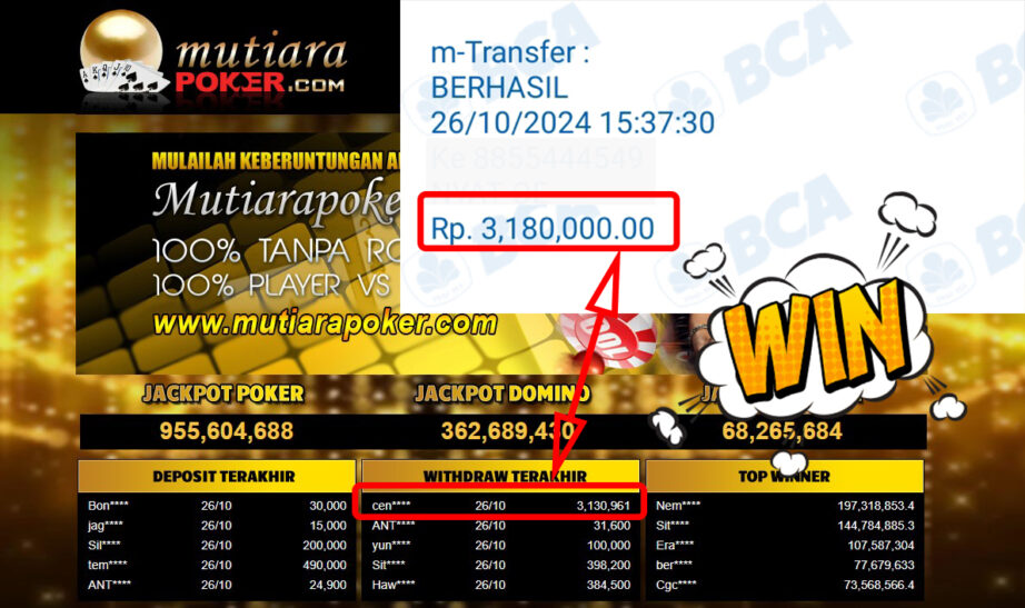 Bukti Withdraw ( 3,180,000,-) Member Setia Mutiarapoker