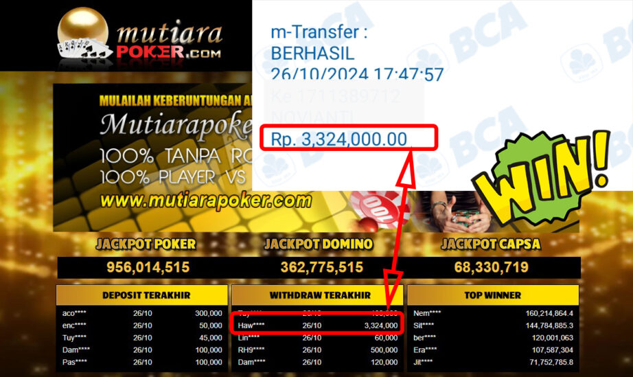 Bukti Withdraw ( 3,324,000,-) Member Setia Mutiarapoker