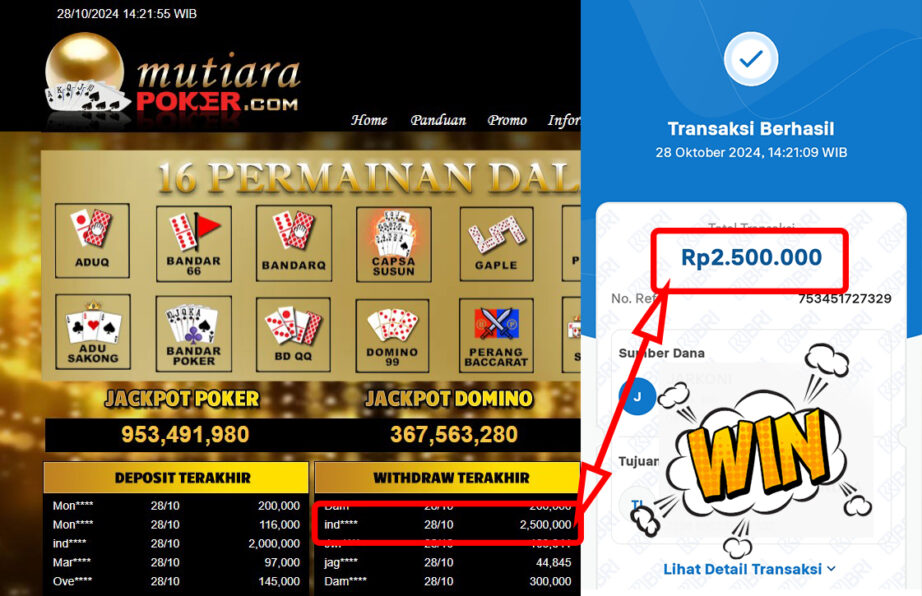 Bukti Withdraw ( 2,500,000,-) Member Setia Mutiarapoker