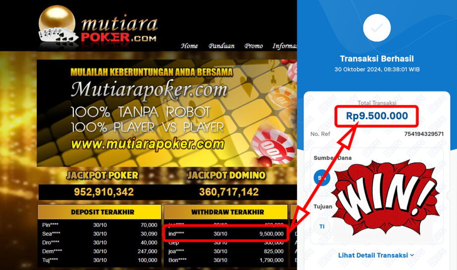 Bukti Withdraw ( 9,500,000,-) Member Setia Mutiarapoker