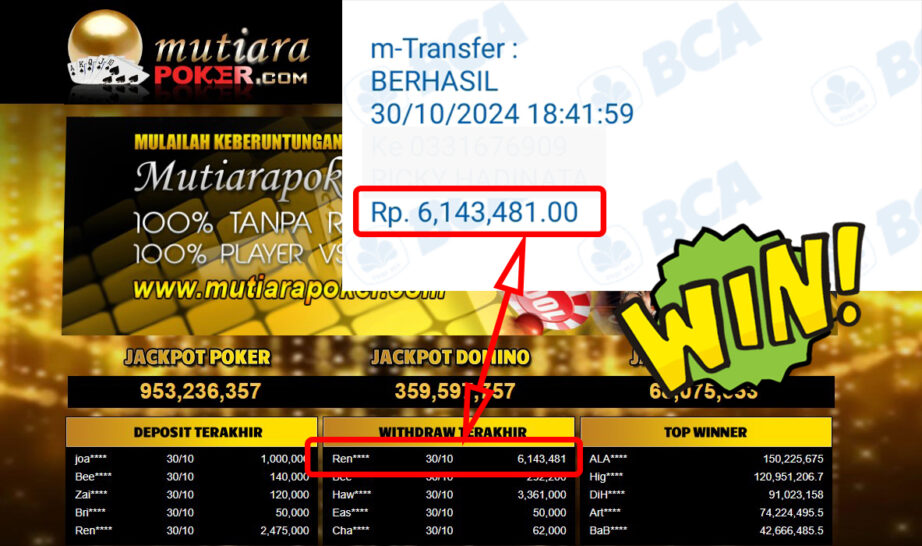 Bukti Withdraw ( 6,143,481,-) Member Setia Mutiarapoker