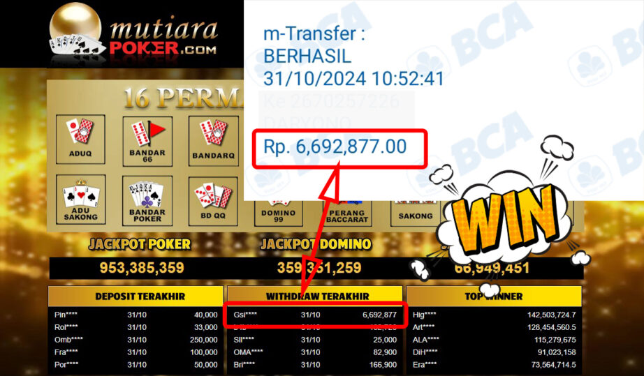 Bukti Withdraw ( 6,692,877,-) Member Setia Mutiarapoker