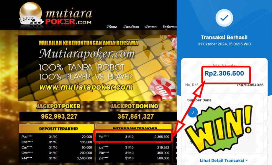 Bukti Withdraw ( 2,306,500,-) Member Setia Mutiarapoker