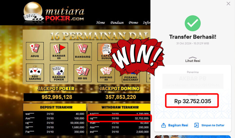 Bukti Withdraw ( 32,752,035,-) Member Setia Mutiarapoker